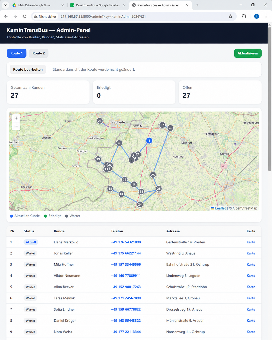 KaminTransBus Admin-Panel mit Route und Karte
