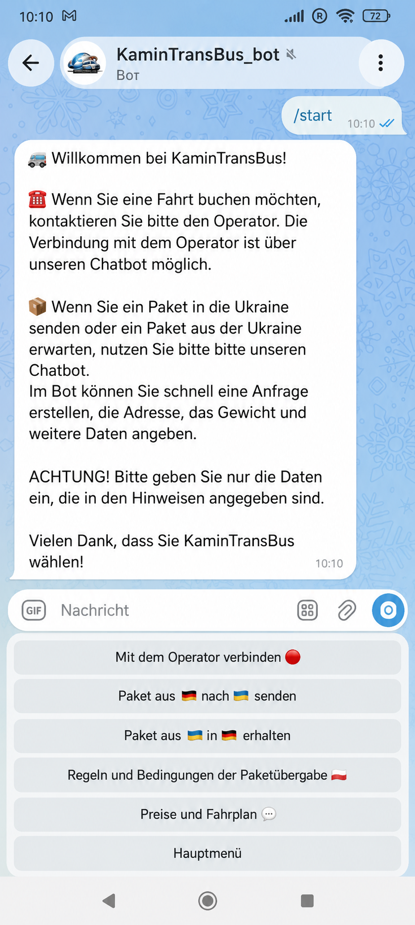 Telegram Bot KaminTransBus auf dem Smartphone